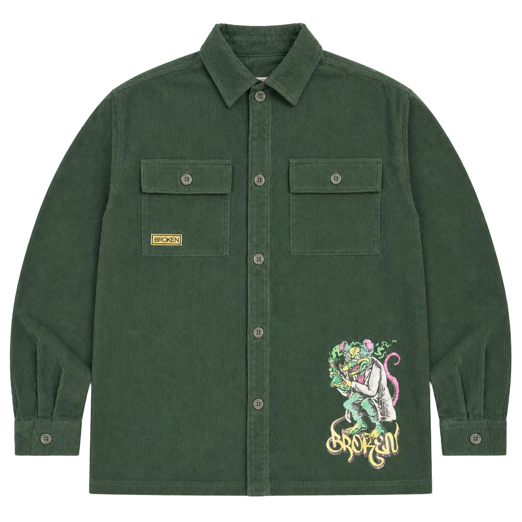 Broken Promises Dark Green Corduroy Work Shirt with Rat Graphic 1