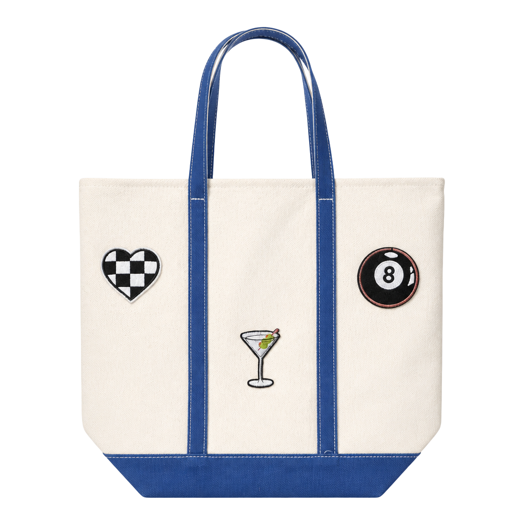 Matin Canvas Tote Bag with Patches Blue and Off-White 1