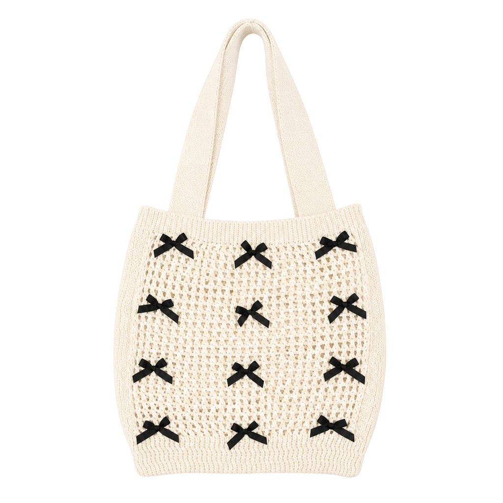 Knitted Mesh Shoulder Bag with Black Bows Crochet Handbag 1