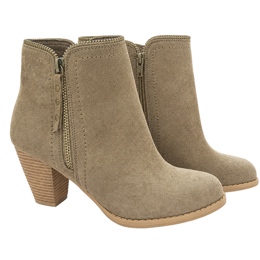 JustFab Taupe Faux Suede Side-Zip Block Heel Ankle Booties with Collar Zipper
1