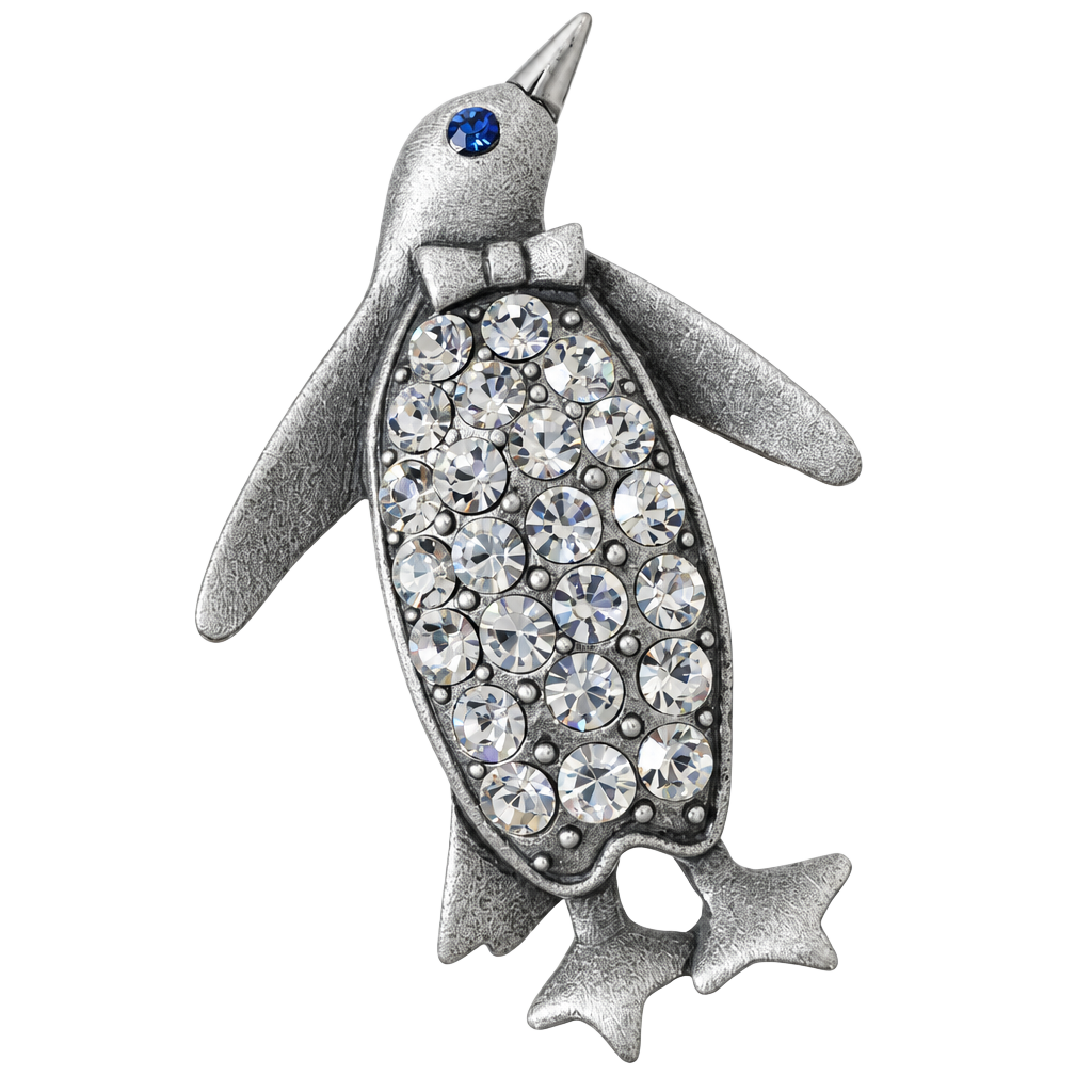 JJ Vintage Pewter Tone Rhinestone Penguin Brooch Pin with Blue Eye 1