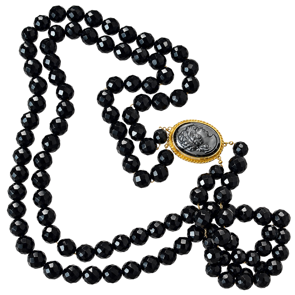 Vintage Black Faceted Glass Bead Necklace With Cameo Clasp 1