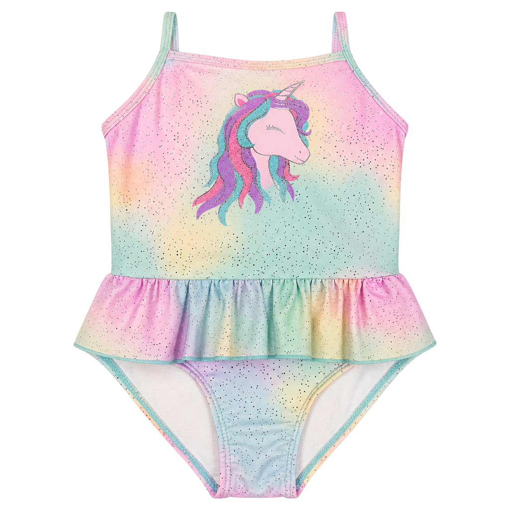 Unicorn Glitter Pastel Rainbow Peplum One-Piece Swimsuit for Girls 1