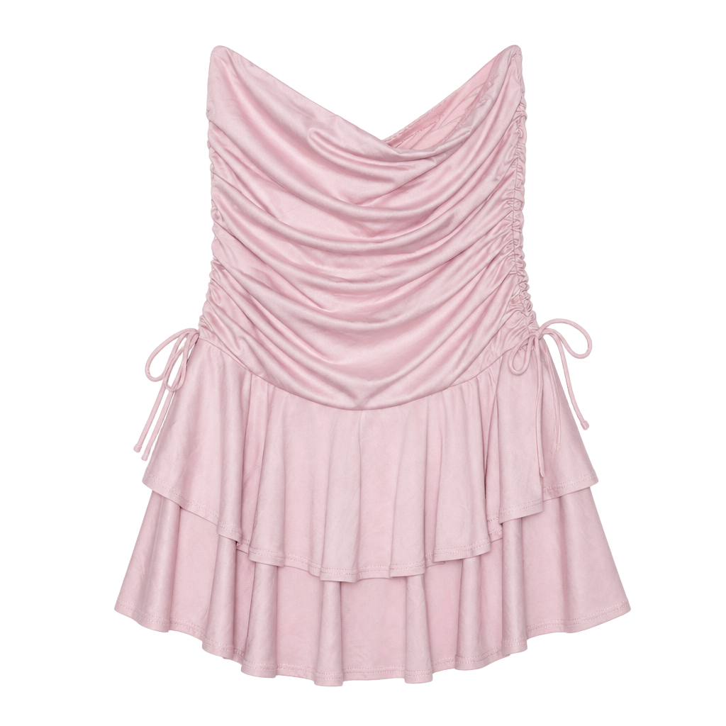 Pink Ruched Tiered Mini Dress with undershorts 1