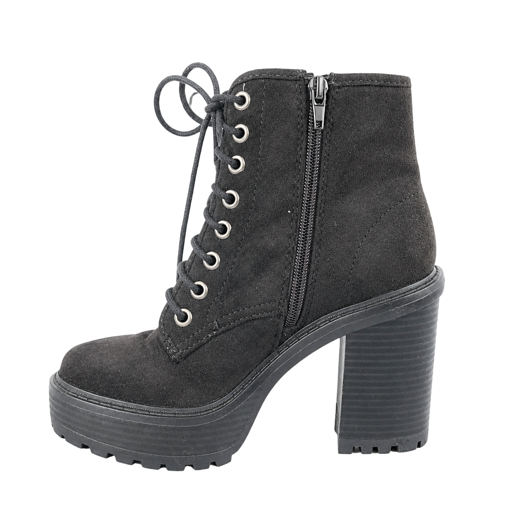 Black Faux Suede Platform Lace-Up Chunky Heel Ankle Boots 1