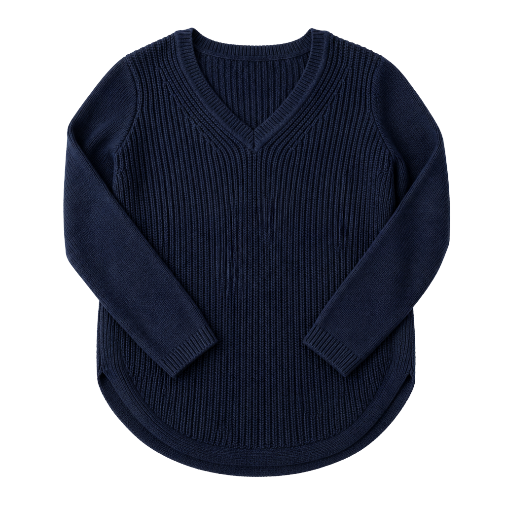 RD Style Navy Blue Ribbed V-Neck Knit Sweater 1