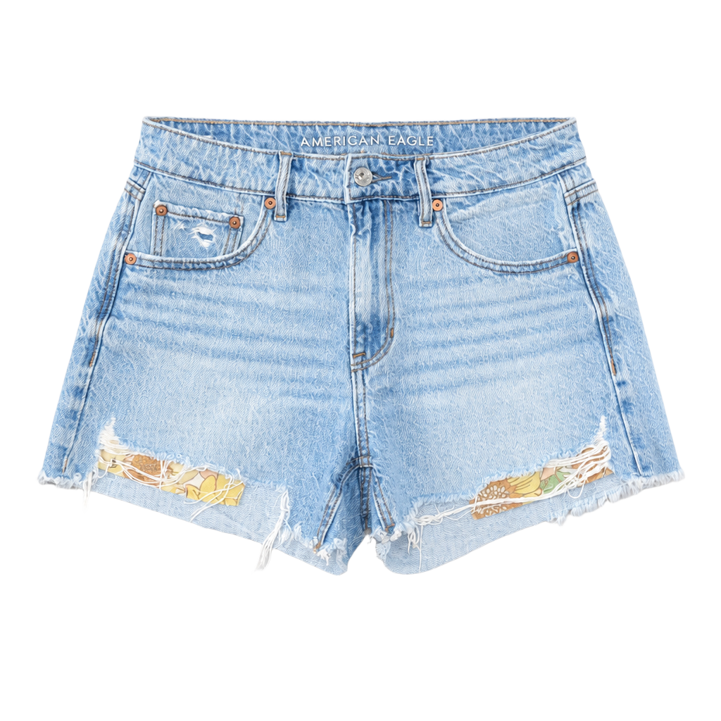 American Eagle Women's Light Wash Distressed Denim Cutoff Shorts with Sunflower Patchwork Detail, Size 2 1