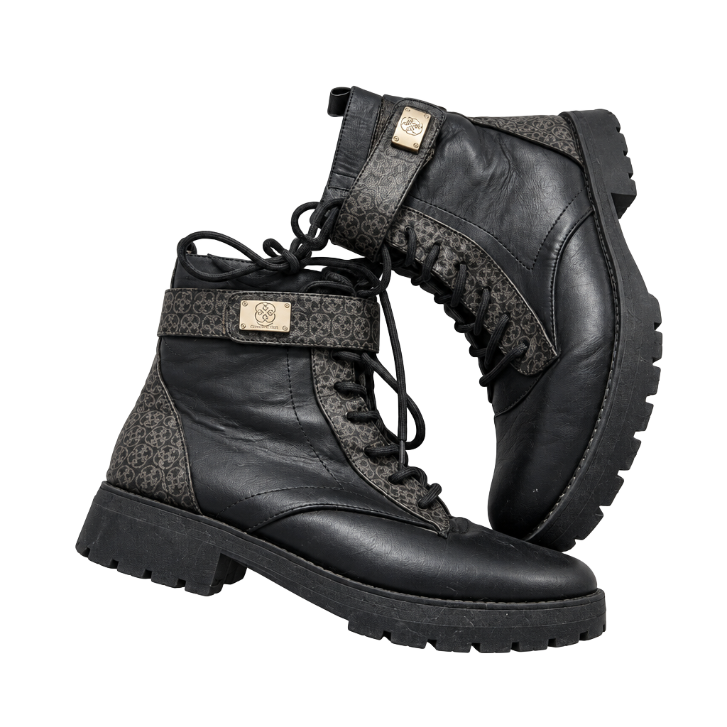 Daisy Fuentes Combat Boots Black Monogram Trim 1