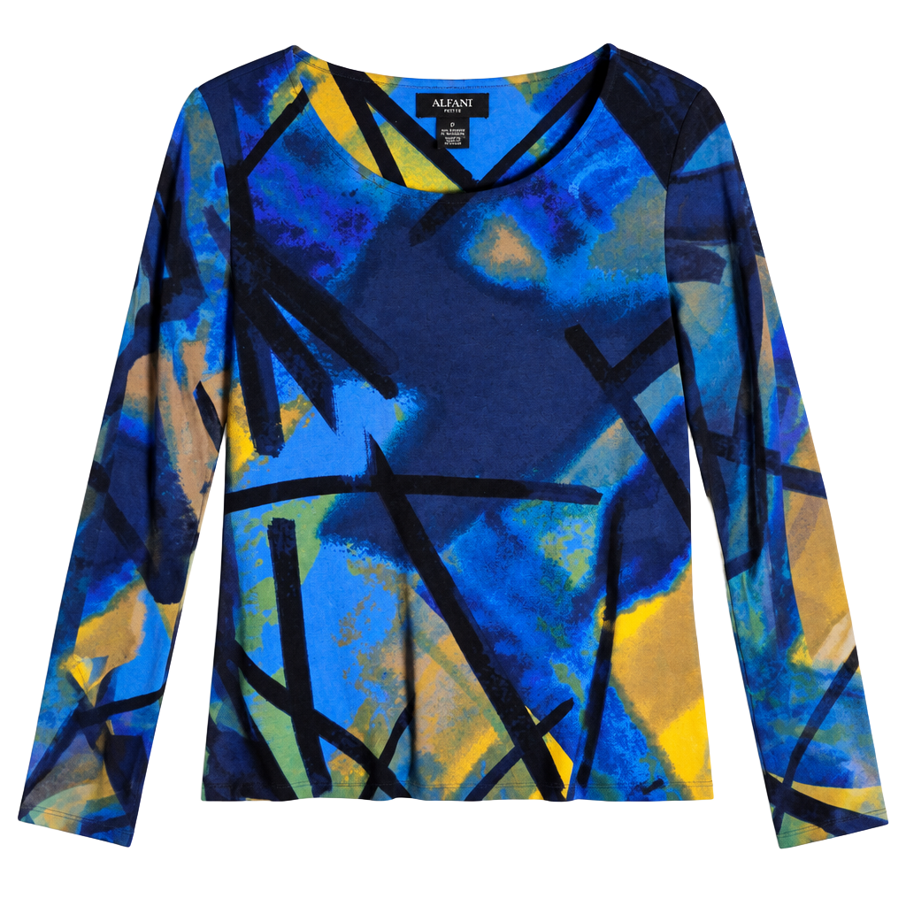 Alfani Petite Blouse Size P/S Blue Abstract Long Sleeve 1