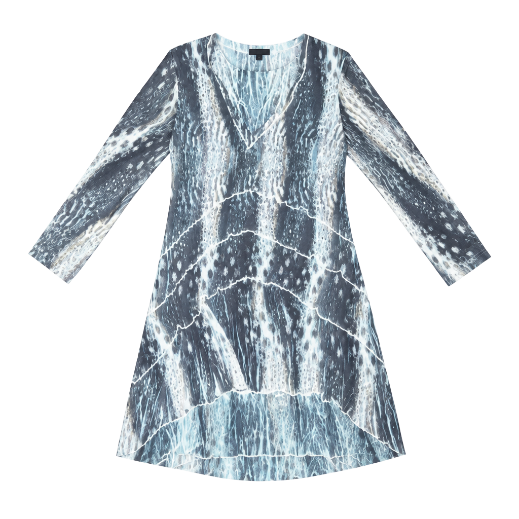 Komarov Pleated V-Neck Tunic Dress Size S Blue Abstract Print 3/4 Sleeve 1