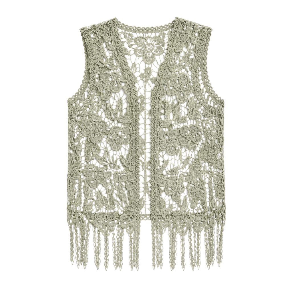 Cato Sage Green Floral Lace Fringe Boho Vest Size L 1