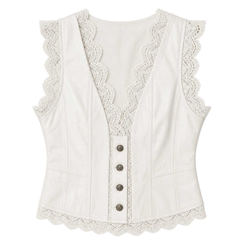 Fukrio Women's Faux Leather vest with Crochet Lace Trim and Silver-Tone Buttons 1