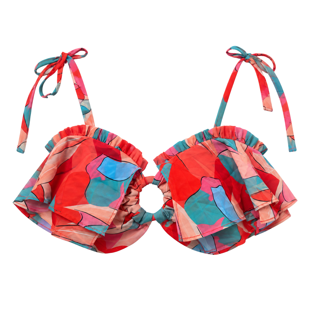 Luxxel Abstract Print Ruffle Ring Detail Tie Strap Crop Top Size M 1
