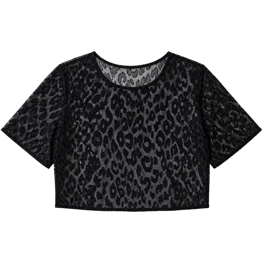 BCBGeneration Black Sheer Leopard Print Lace Short Sleeve Crop Top Size S 1
