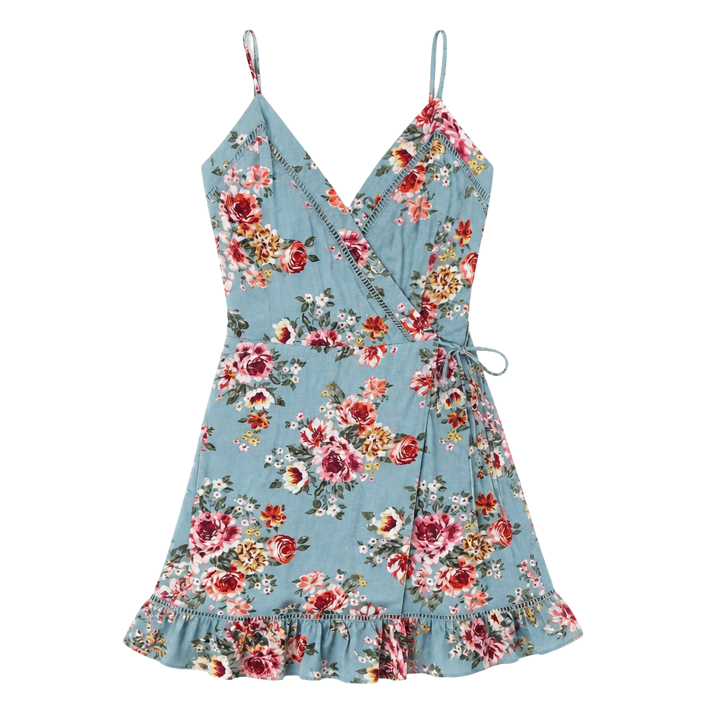 B.O.G. Collective Blue Floral Spaghetti Strap Wrap-Style Sundress 1