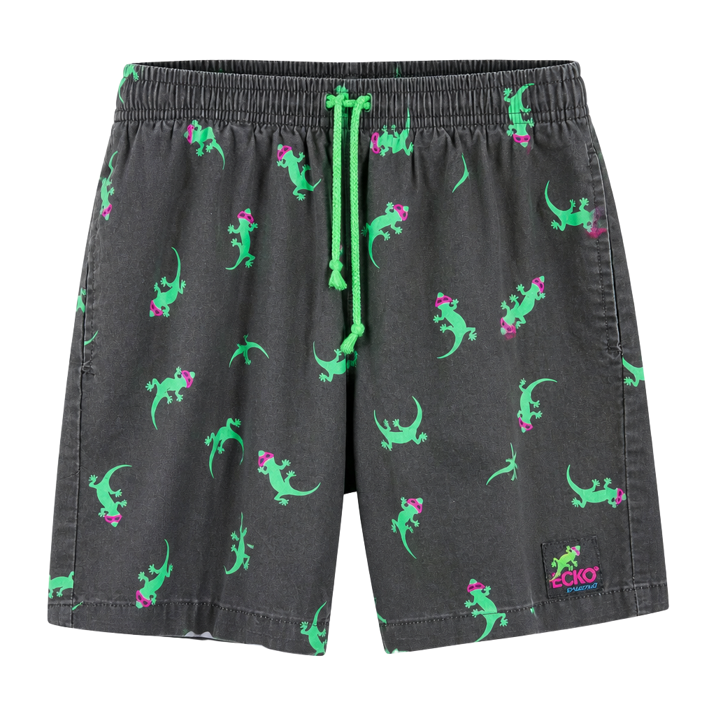 Gecko Hawaii Original OG Cotton Surf Shorts Black with Gecko Print 1