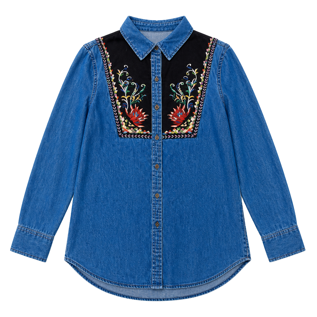 Anthropologie Holding Horses Embroidered Velvet Panel Denim Chambray Tunic 1