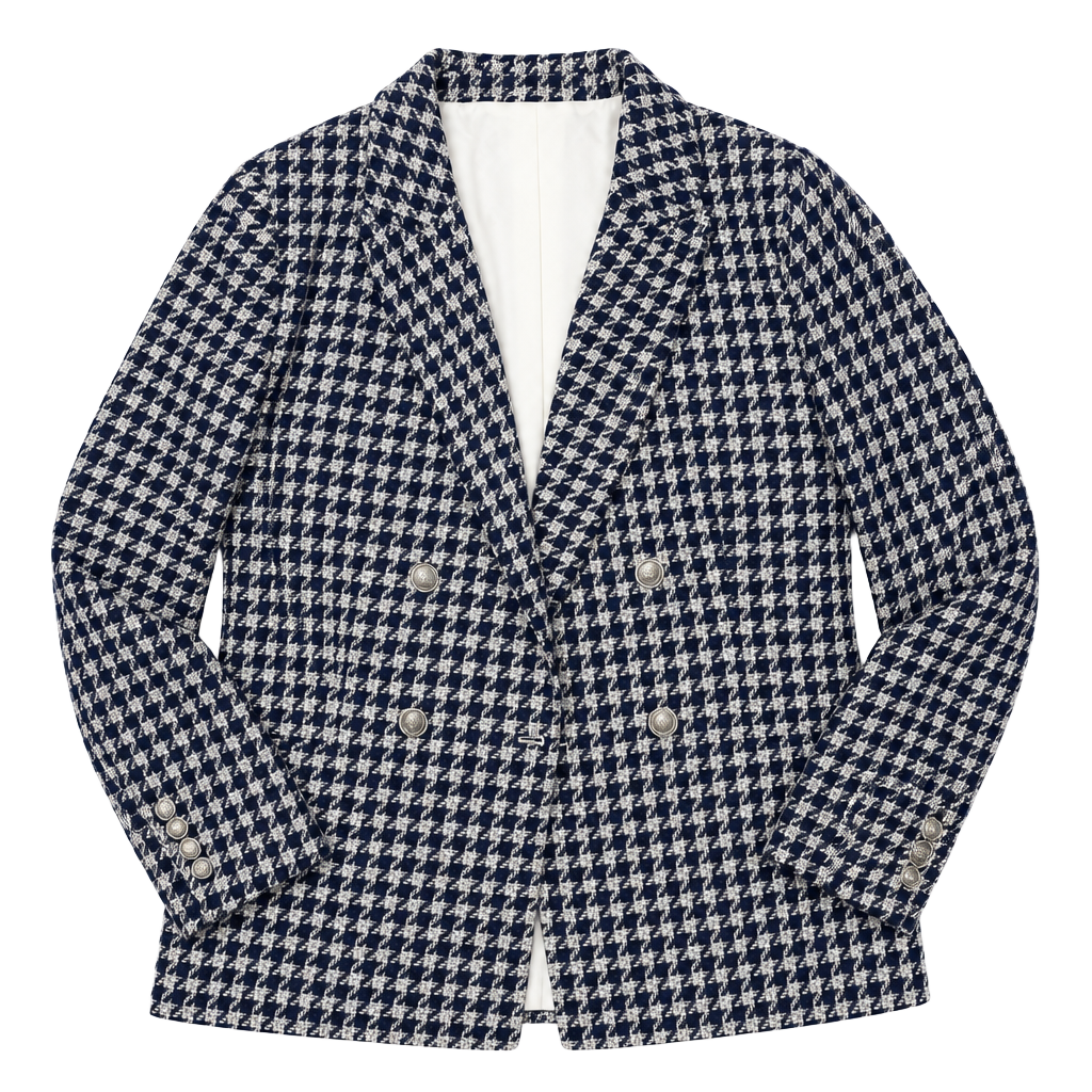 H&M Blue and White Houndstooth Textured-Weave Double-Breasted Blazer 1