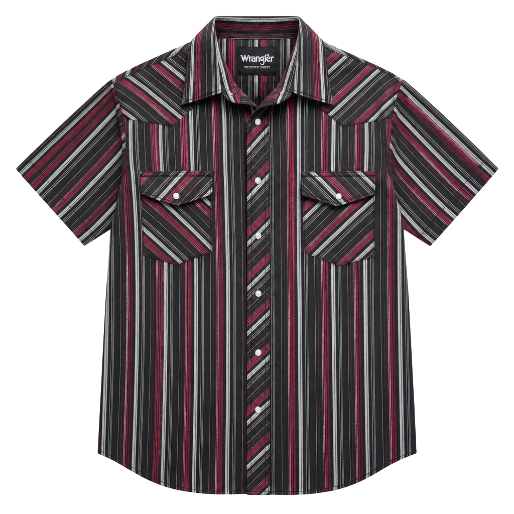 Vintage Wrangler Western Shirt Black Red Striped Pearl Snap Cowboy Short Sleeve 1
