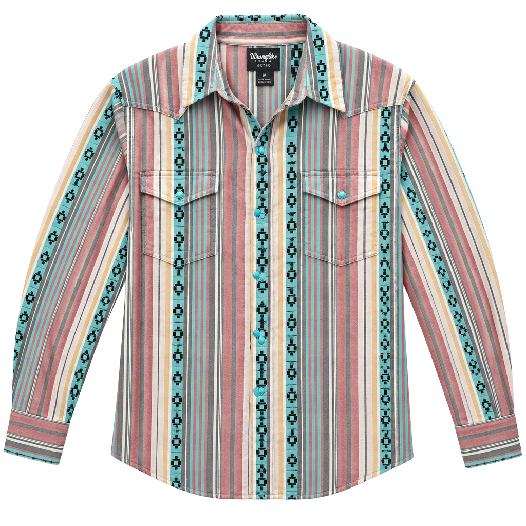 Wrangler Retro Southwestern Aztec Snap Shirt Size Medium Pink Blue Stripe 1