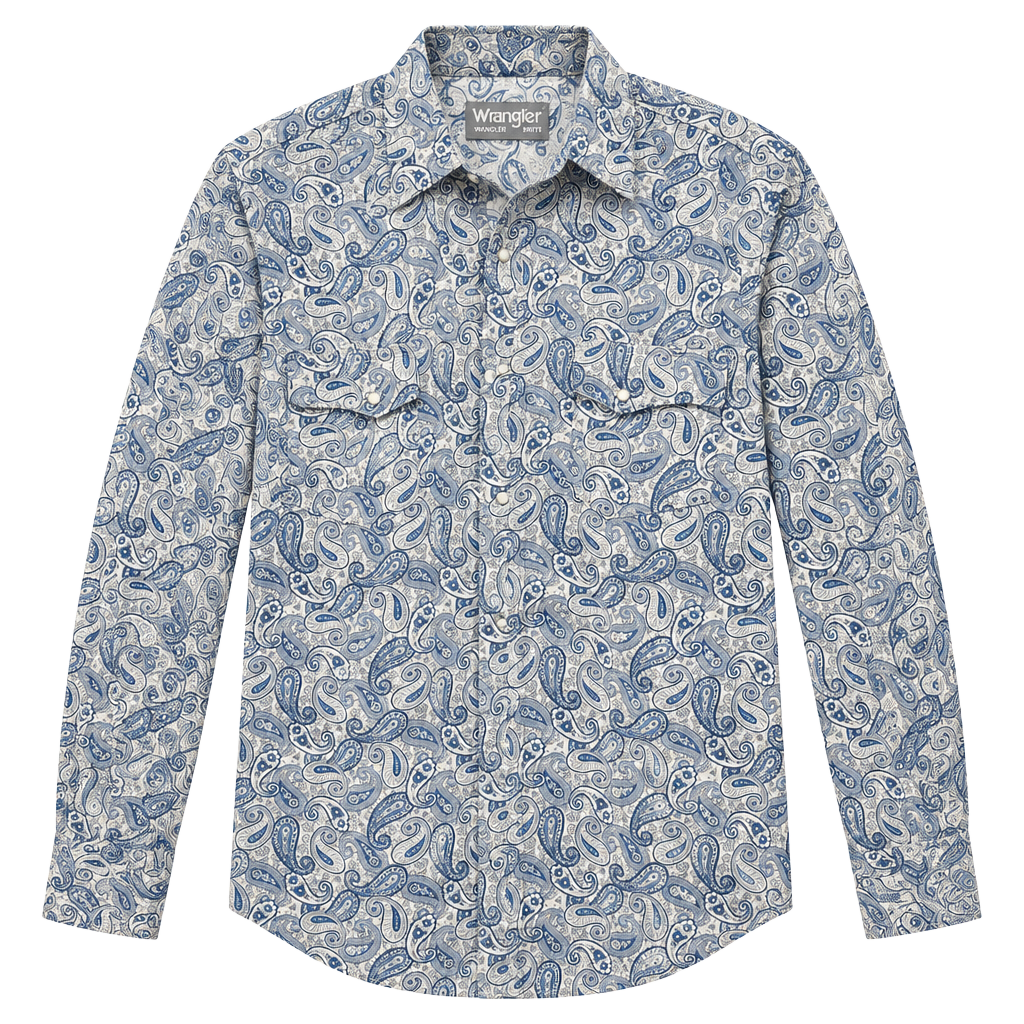 Vintage Wrangler Wrancher Western Snap Blue Paisley Long Sleeve Shirt Size Large 1