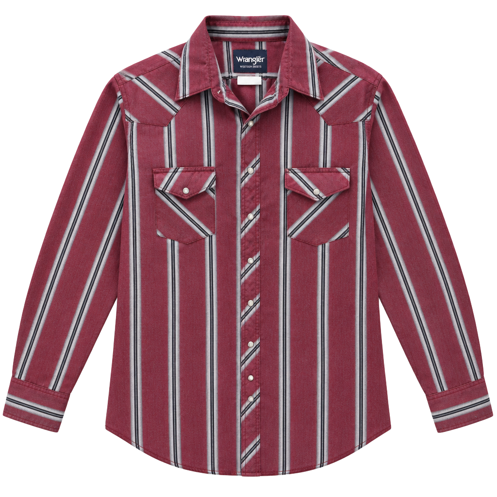 Vintage 90s Wrangler Western Shirt Burgundy Striped Pearl Snap Size XL TALL 1