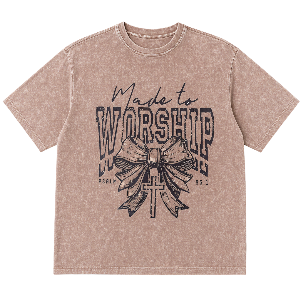 Made to Worship Psalm 95:1 Bow and Cross Graphic Washed T-Shirt 1