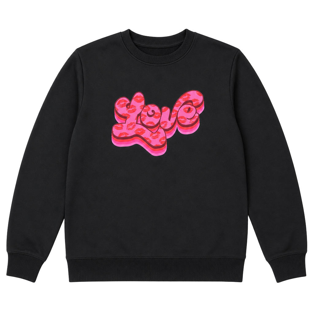 Girls Black Crewneck Sweatshirt with Pink Lips 'Love' Graphic 1