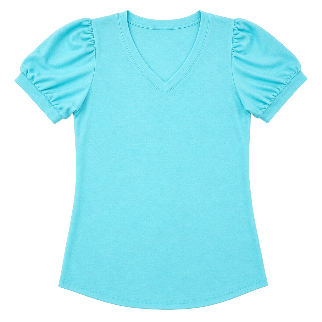 Bright Aqua Blue V-Neck Puff Sleeve Knit Top 1