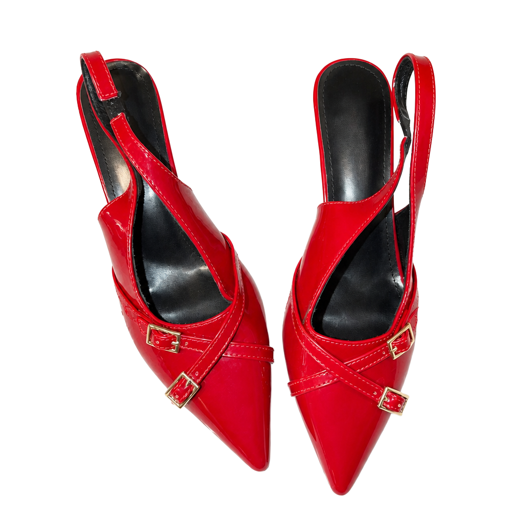 Red Patent Leather Pointed Toe Kitten Heel Slingback Shoes with Buckle Straps 1