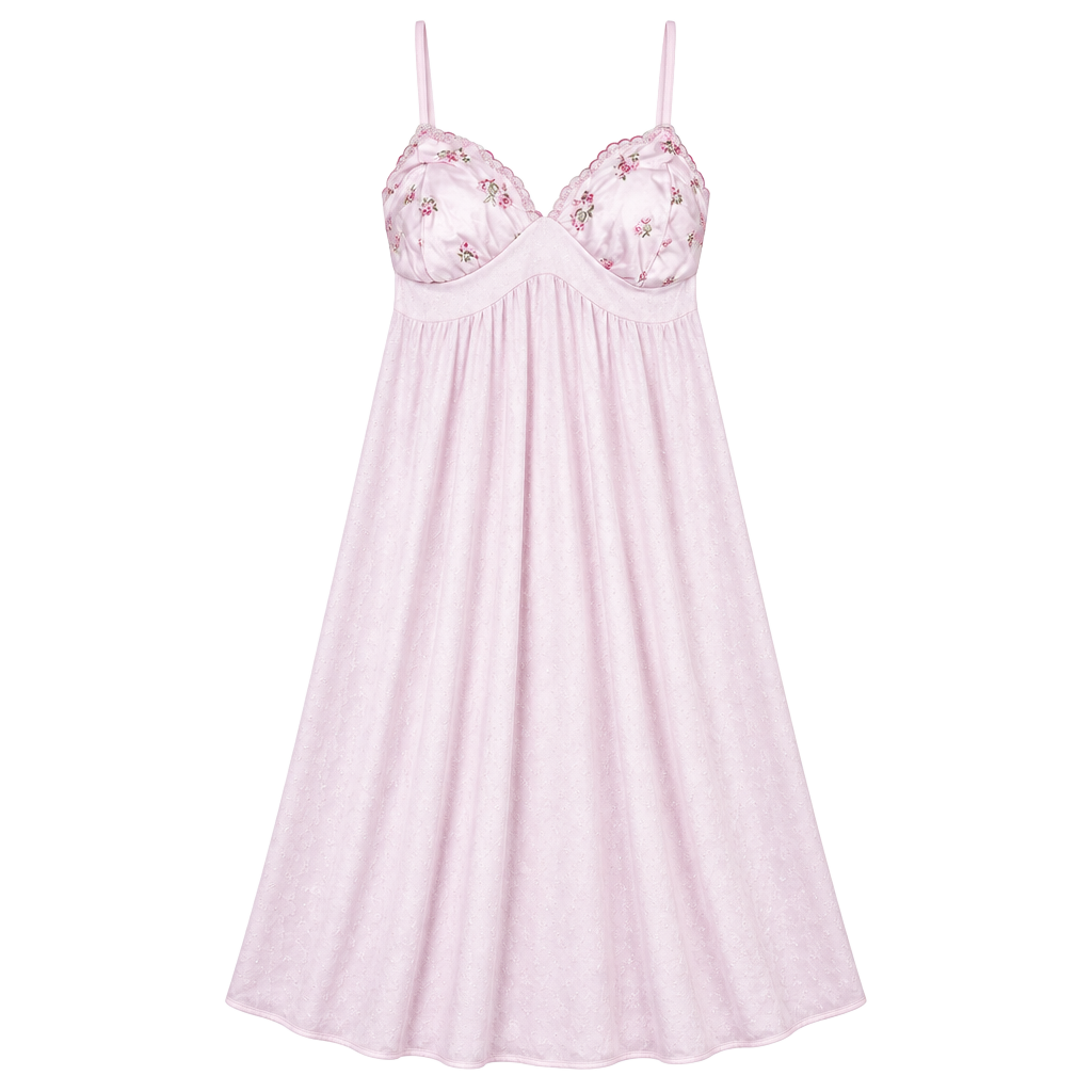 Vintage Pink Floral Embroidered Nylon Slip Dress Size Small 1
