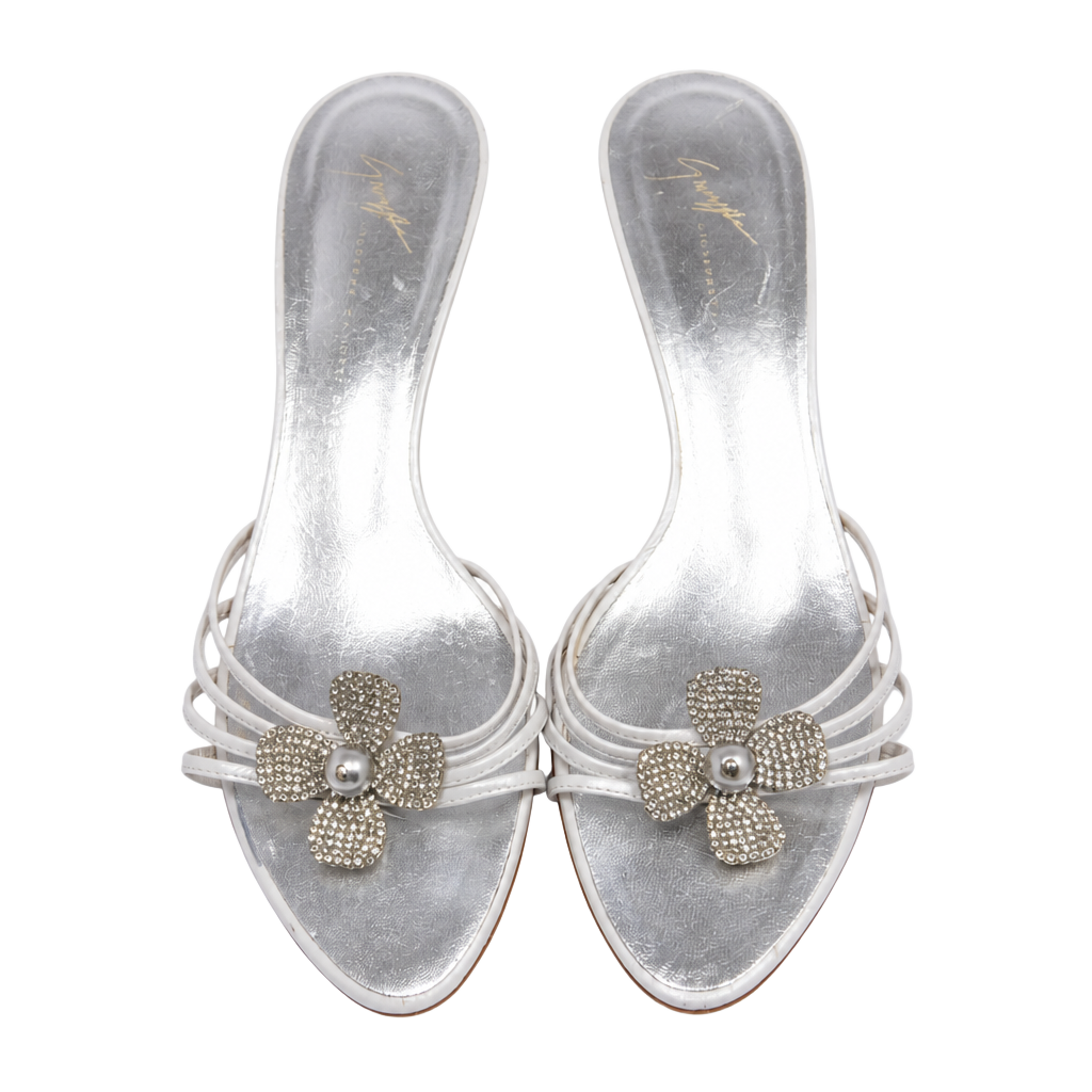 Vicini Giuseppe Zanotti Silver White Crystal Flower Kitten Heel Mules Size 7 AA 1