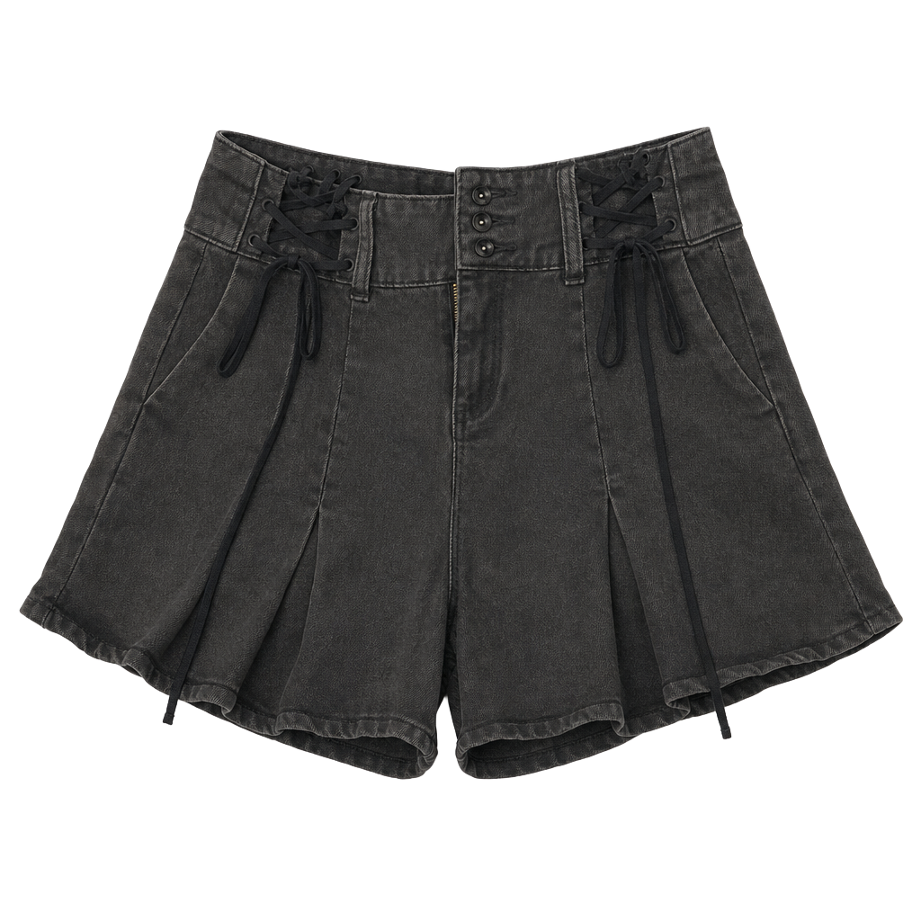 Social Collision Black Acid Wash Pleated Denim Mini Skirt with Lace-Up Sides 1