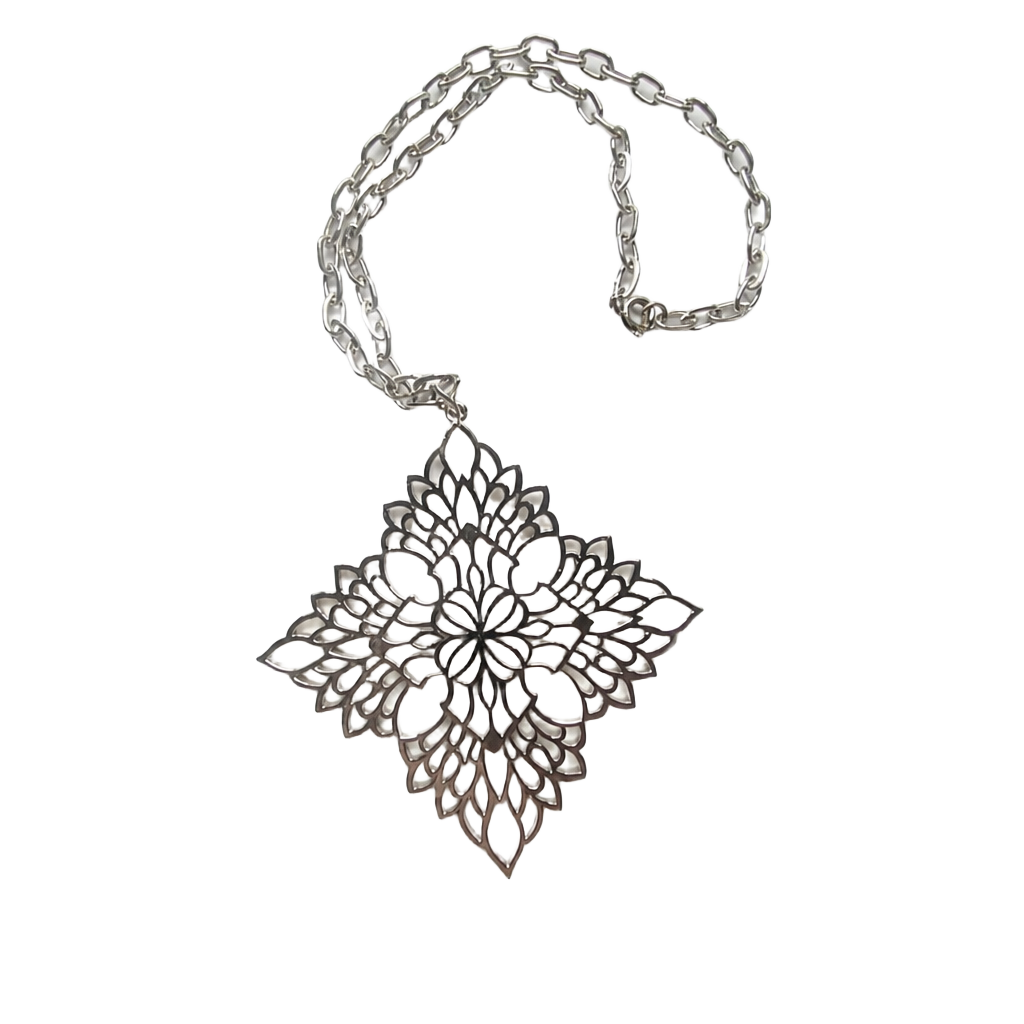 Vintage Silver Tone Large Cutout Floral Mandala Pendant Necklace 1