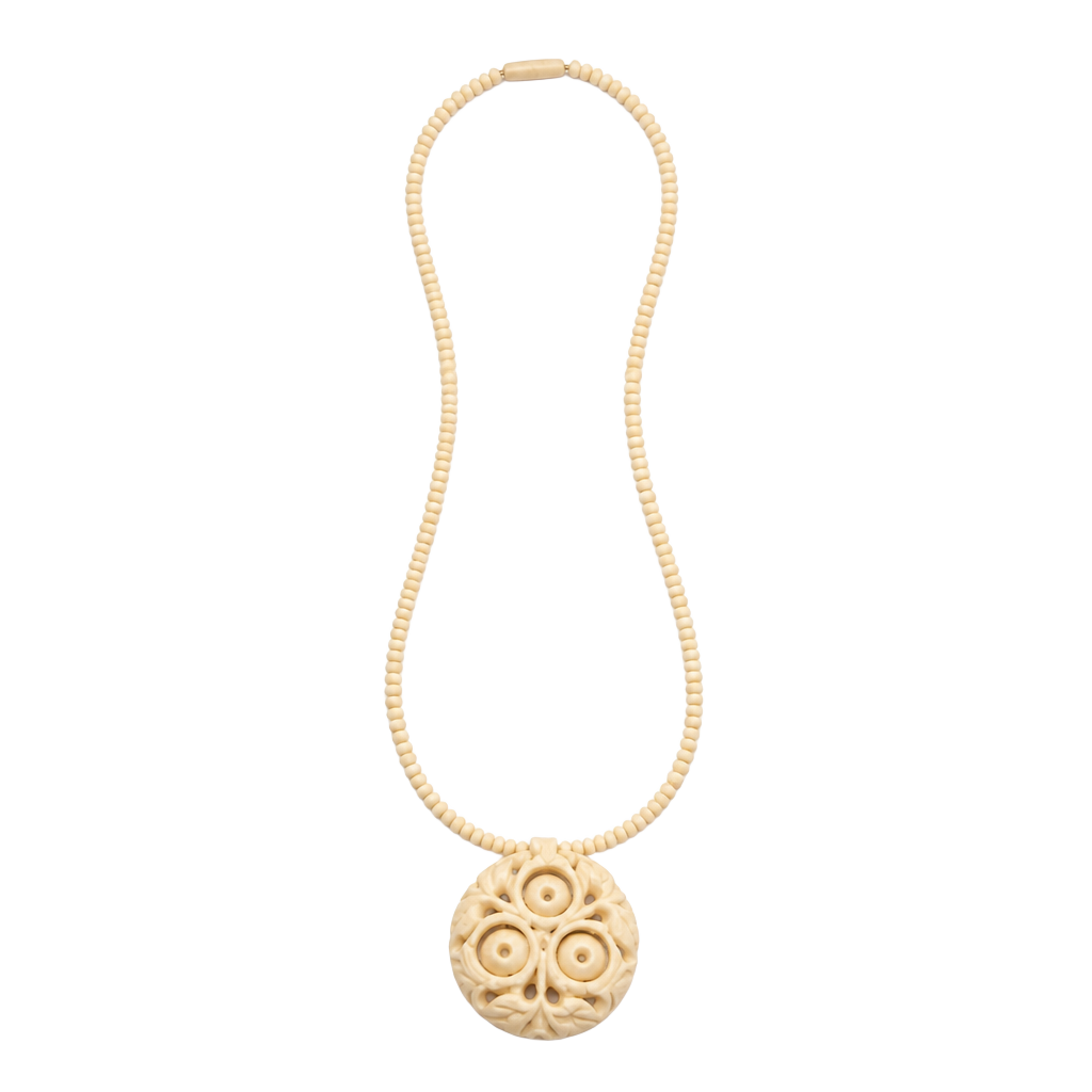 Vintage Carved Bone Beaded Necklace with Pendant 1