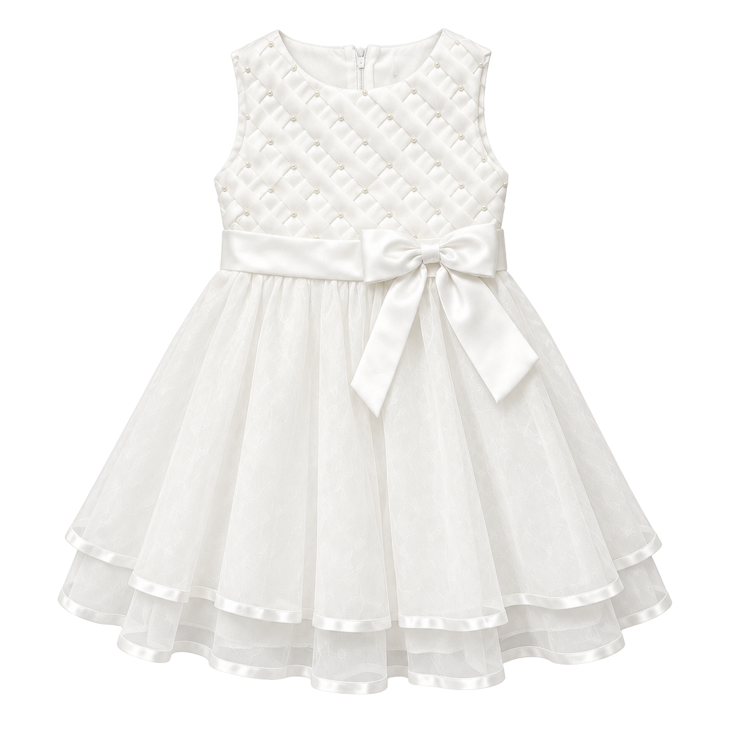 Rare Editions Dress Size 4T White Basketweave Pearls Mesh Bow 1