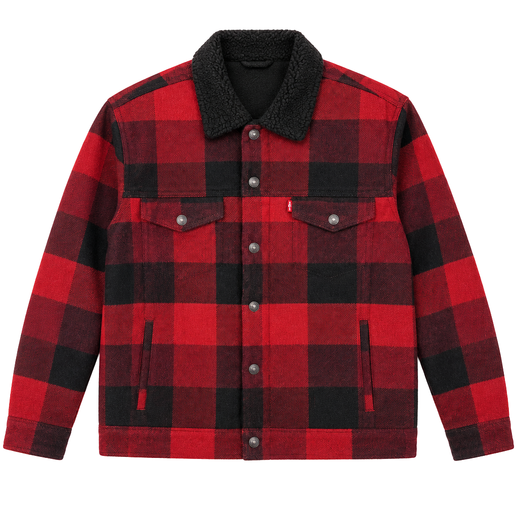 Levi's Relaxed Fit Sherpa Plaid Trucker Jacket Size L Red Black #684 1