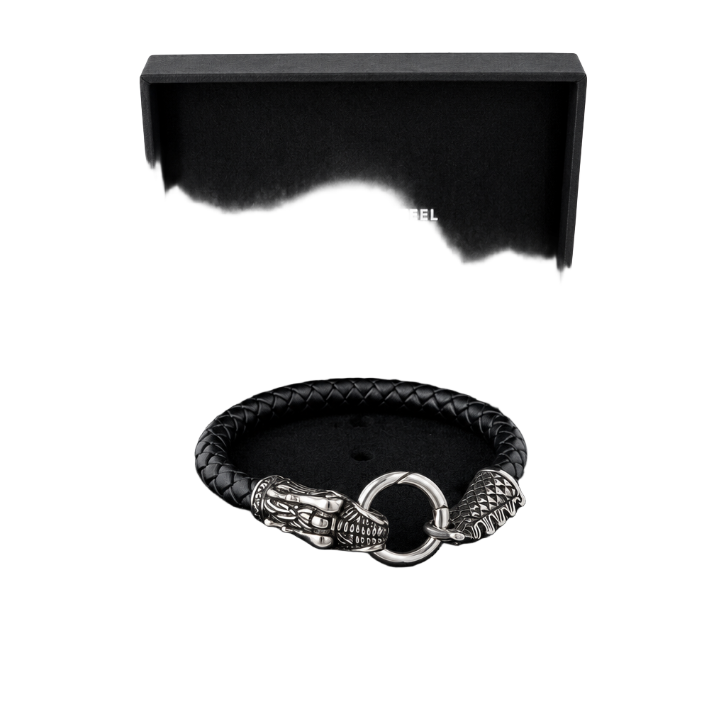 Andrew Charles Braided Leather Dragon Bracelet Black Stainless Steel # 680 1
