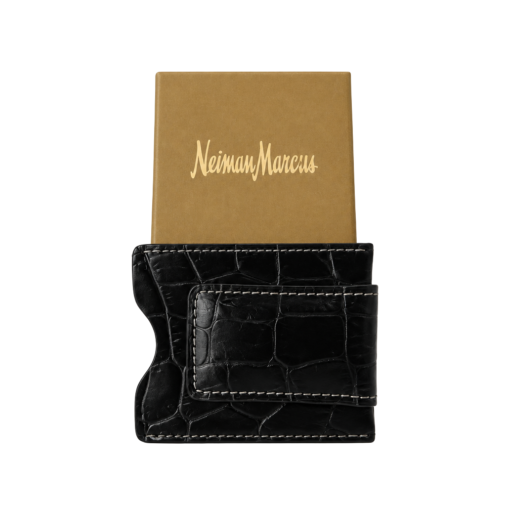 Neiman Marcus Black Croc Embossed Leather Card Case Money Clip Wallet
#681 1