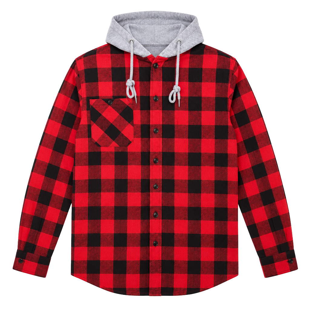 AH Flannel Hooded Shirt Size L Red Black Plaid Long Sleeve Button Down 1