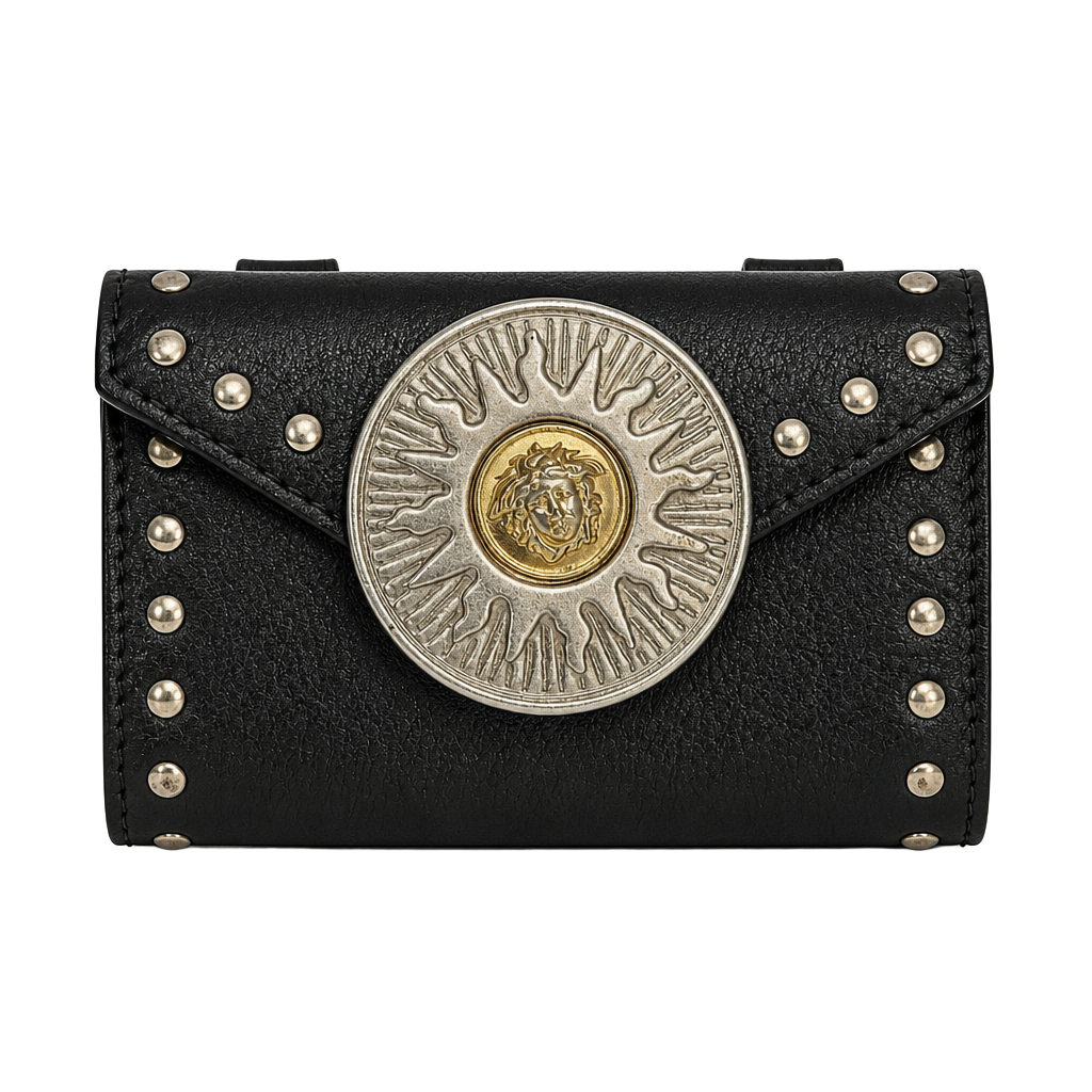 Vintage Gianni Versace F/W 1994 Studded Black Leather Mini Belt Bag with Medusa 1