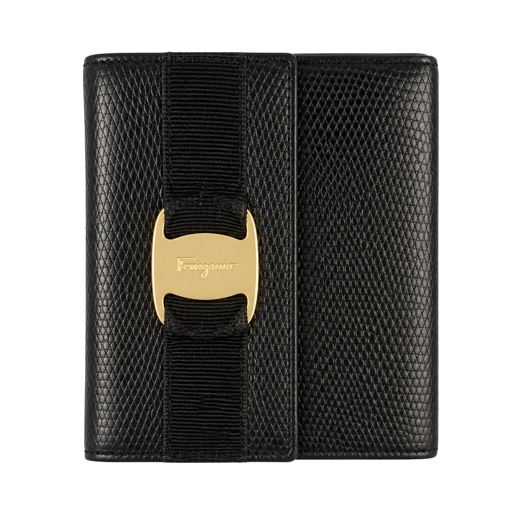 Salvatore Ferragamo Black Textured Leather Wallet With Gancini Clasp 1