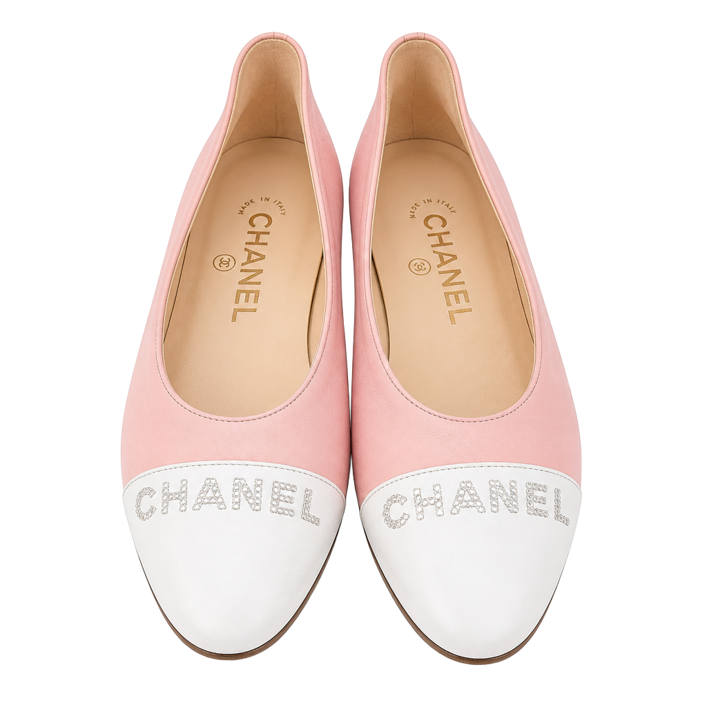 Chanel Vintage Pink and White Leather Logo Cap-Toe Ballet Flats 1