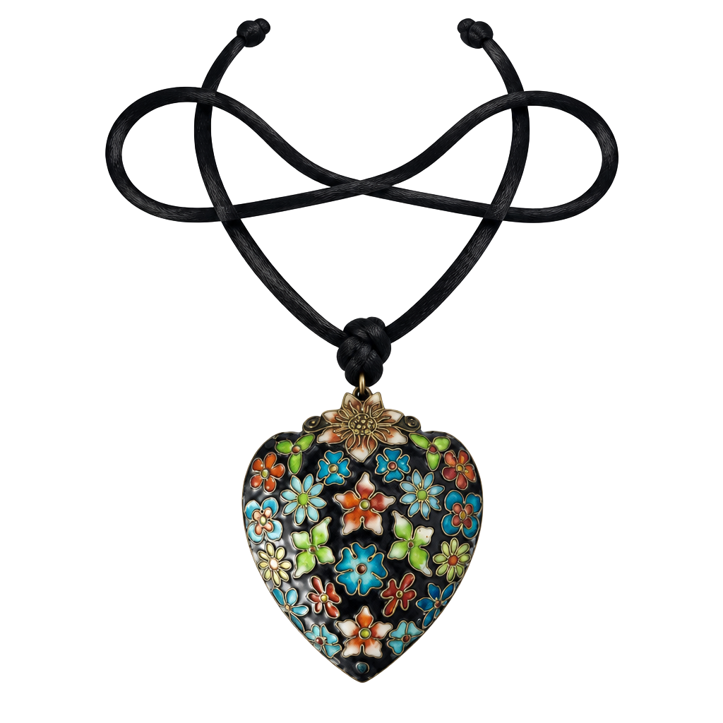 Vintage Cloisonne Enamel Puffy Heart Necklace Blue Flower Pendant Reversible 1