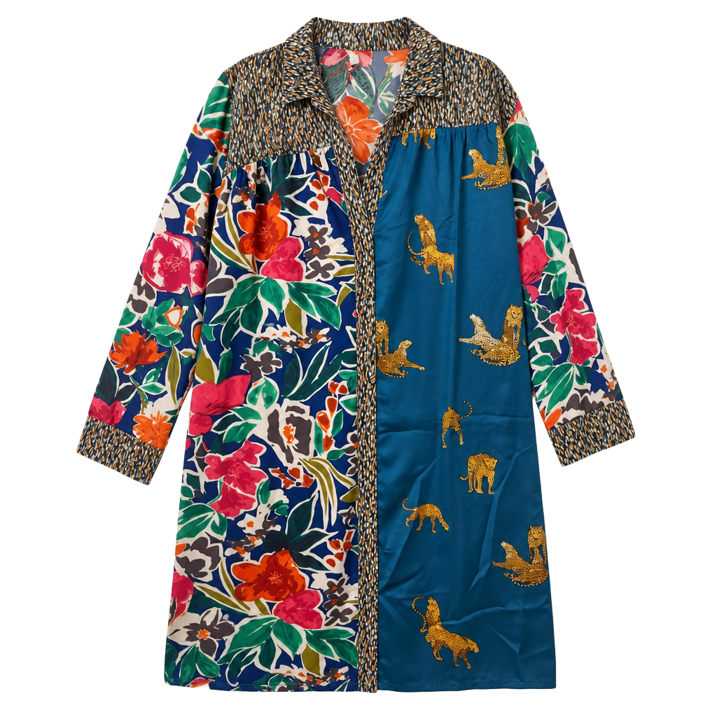 Umgee Women's Mixed Floral and Animal Print Long Sleeve Button Down Shirt Dress 1