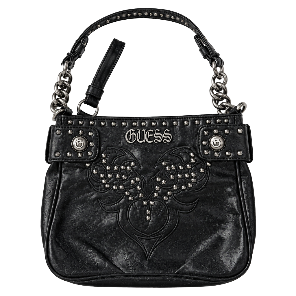 Vintage Y2K Guess Studded Leather Hobo Shoulder Bag Black Goth Grunge Chain 1