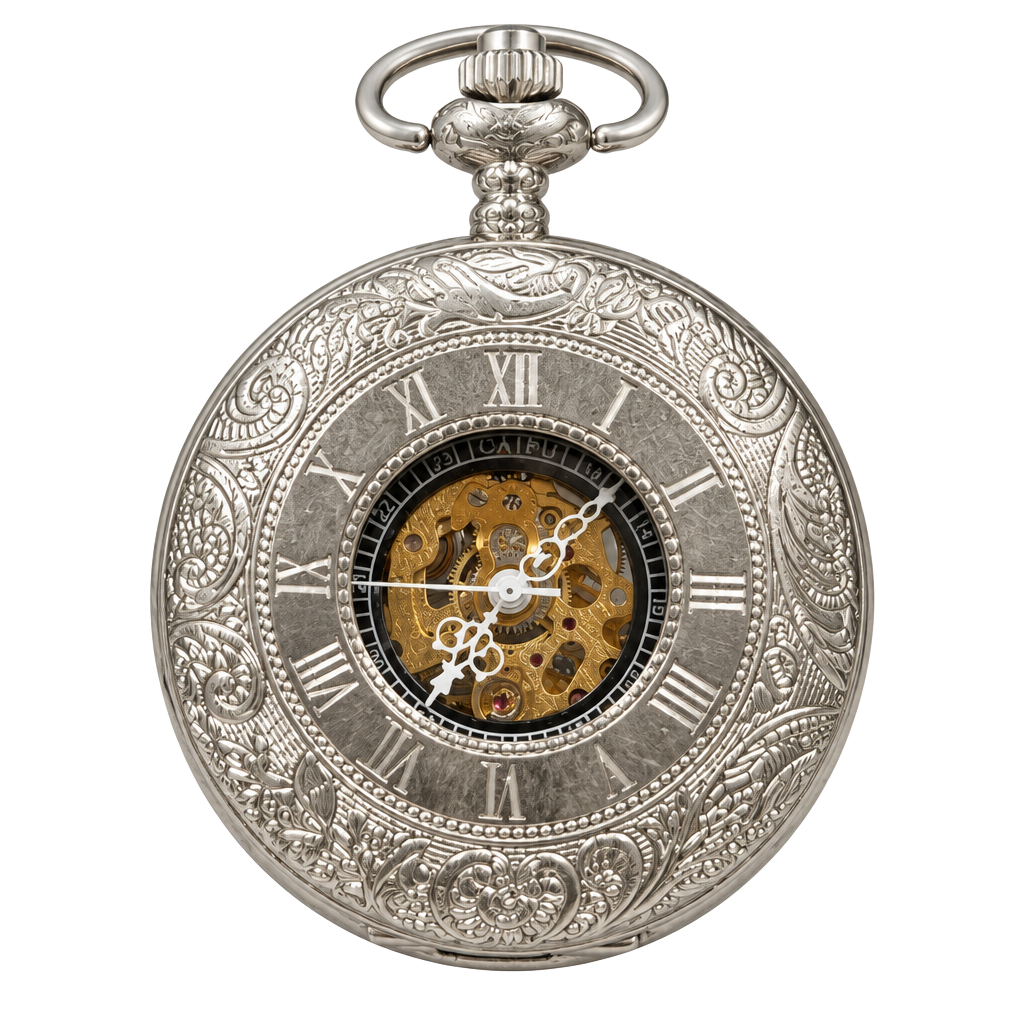 CAIFU Mechanical Skeleton Pocket Watch Silver Roman Numerals 1