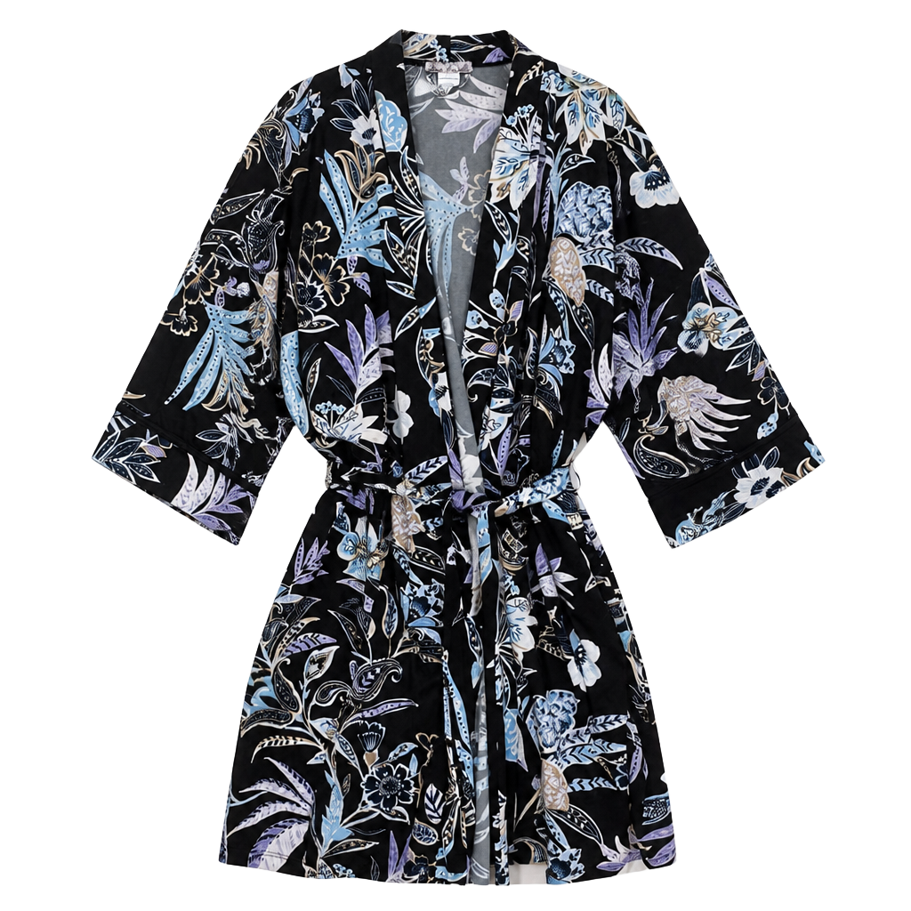 Linea Donatella Floral Print Short Robe Style FBT130 Black Size L/XL 1