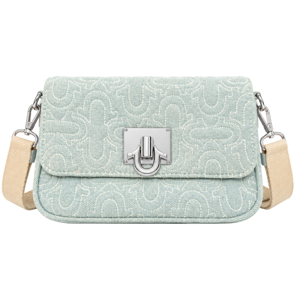 True Religion Quilted Denim Horseshoe Flap Crossbody Bag Light Blue 1