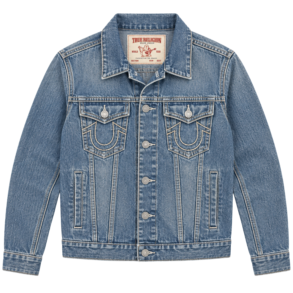 True Religion Denim Bomber Jacket Size M Blue White Patches 1